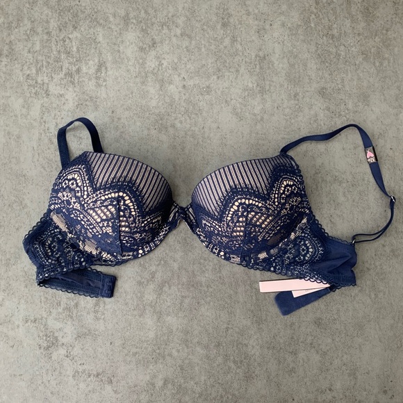 Victorias’ Secret Dream Angels Bra Push-Up Beige in Blue Lace 32D - Picture 3 of 5